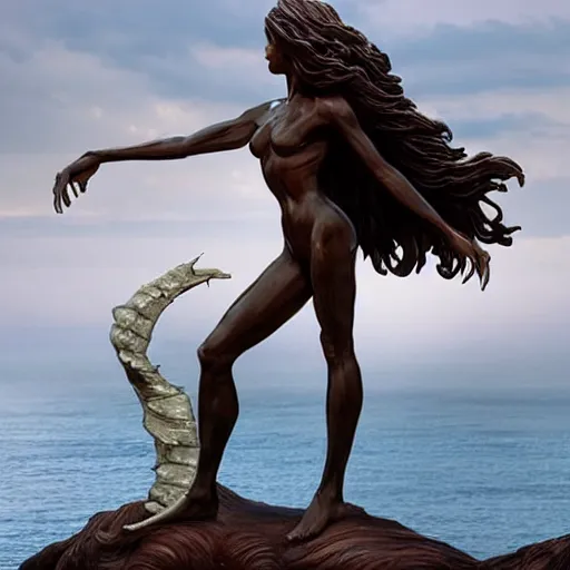 Prompt: by richard s. johnson ornate. a beautiful sculpture of a human - like creature with long, stringy hair. the figure has no eyes, only a mouth with long, sharp teeth. the creature is standing on a cliff overlooking a dark, foreboding sea.