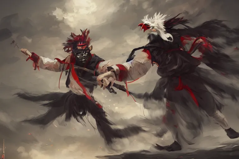 Image similar to a man in a tengu mask controlling the wind with his hands, dynamic, action pose, digital painting, WLOP, trending on artstation, 8k, epic composition, highly detailed, sharp focus