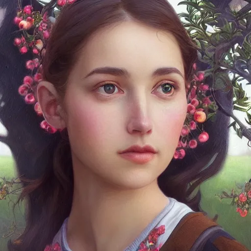 Prompt: “ symmetry!! portrait of young woman cursed with ever - increasing intelligence beauty and virtue, slice - of - life, realism, in apple orchard!! intricate, elegant, highly detailed, digital painting, artstation, concept art, smooth, sharp focus, illustration, art by artgerm and greg rutkowski and alphonse mucha ”