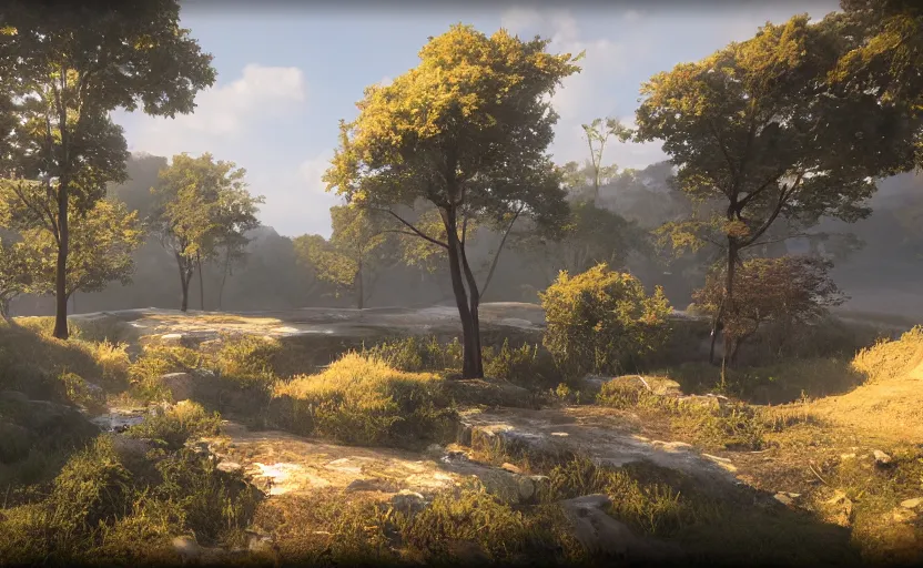 Image similar to beautiful landscape, Unreal Engine 5, RTX, AAA Game, Detailed 3D Render, Cinema4D