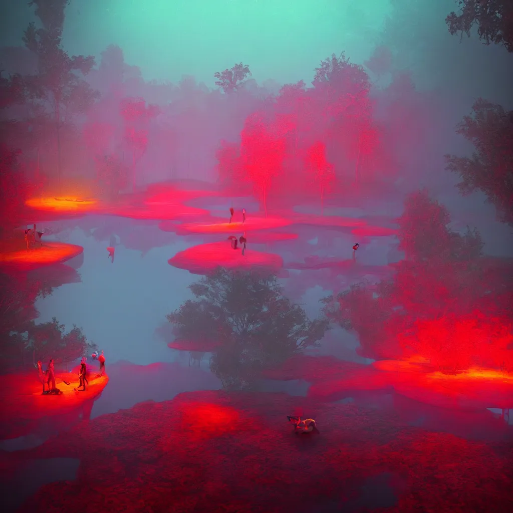 Image similar to rave in the red pond at night, light art, epic composition, by benoit paille, hd, octane, volumetric lighting, masterpiece,