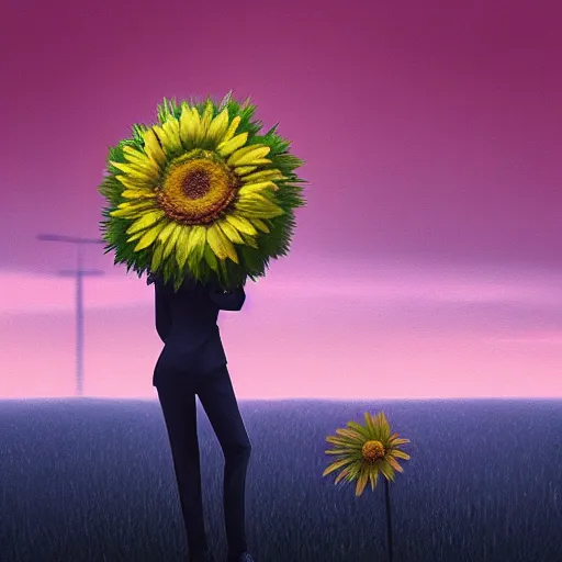 Prompt: giant daisy flower as a head, frontal, a girl in a suit, surreal photography, sunrise, dramatic light, impressionist painting, digital painting, artstation, simon stalenhag