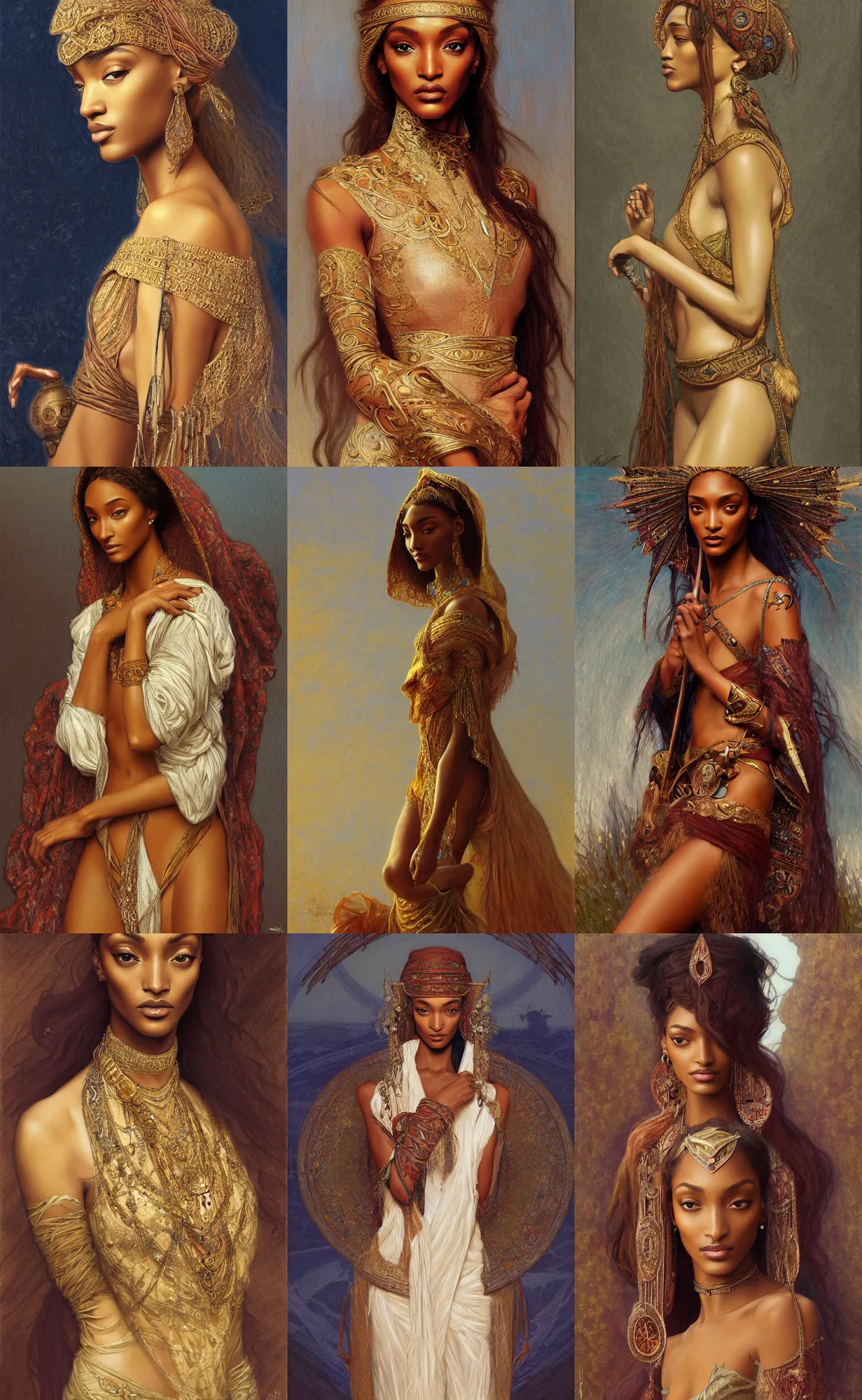 Prompt: jourdan dunn as berber, intricate, elegant, highly detailed, digital painting, artstation, concept art, smooth, sharp focus, illustration, art by rutkowski, mucha, orientalism, bouguereau