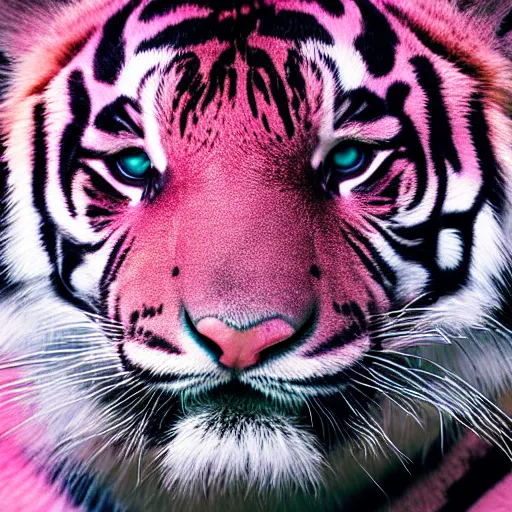 Prompt: a close up photograph with a faded color palette, extreme details and studio lighting of a pink tiger with realistic fur on blue gradient background, 8 k, portrait