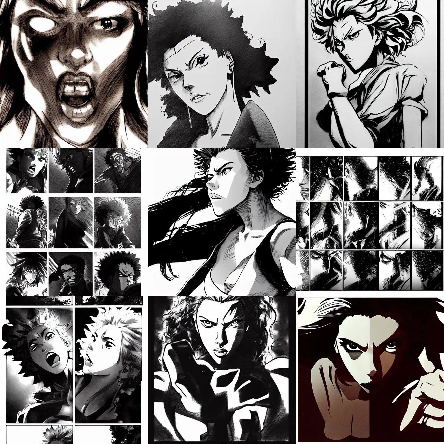 Prompt: 1 0 key frame panels, animation of scarlett johansson with angry expression swinging fist, afro samurai anime. dramatic lighting, anime style, pencil and ink manga drawing,