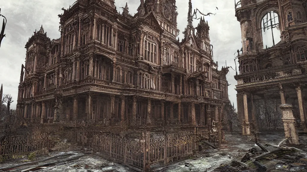 Prompt: victorian era architecture based city, abandoned, crawling with beasts, bloodborne, yarhnam