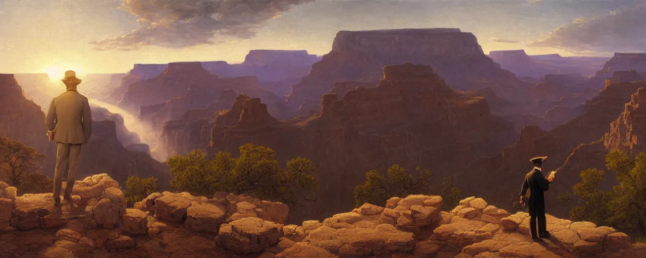 Image similar to romantic painting, wide shot of a lone gentleman in 1 9 th century clothing ( looking at his cellphone )!!!!!! in front of a the grand canyon at sunrise, highly detailed, sublime, hyperrealistic, painted by caspar david friedrich and albert bierstadt, trending on artstation 8 k