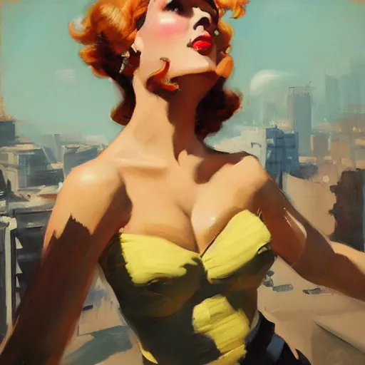 Image similar to greg manchess portrait painting of 1 9 5 0's pinup characters as overwatchs character, medium shot, asymmetrical, profile picture, organic painting, sunny day, matte painting, bold shapes, hard edges, street art, trending on artstation, by huang guangjian and gil elvgren and sachin teng