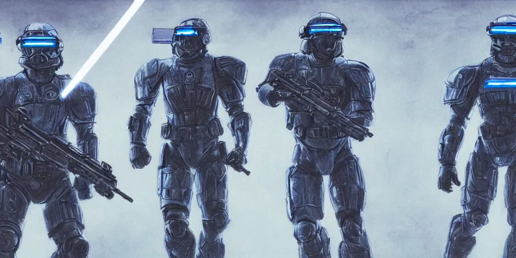 Image similar to A very detailed sketch of two soldiers with blue laser rifles wearing black power armour with blue sprites and full helmets with blue visors, night, fog, a complicated chrome-plated spaceship with blue lights in the background, realistic 4k octane beautifully detailed render, 4k post-processing, highly detailed, intricate complexity, epic composition, magical atmosphere, cinematic lighting, masterpiece, ultra hd