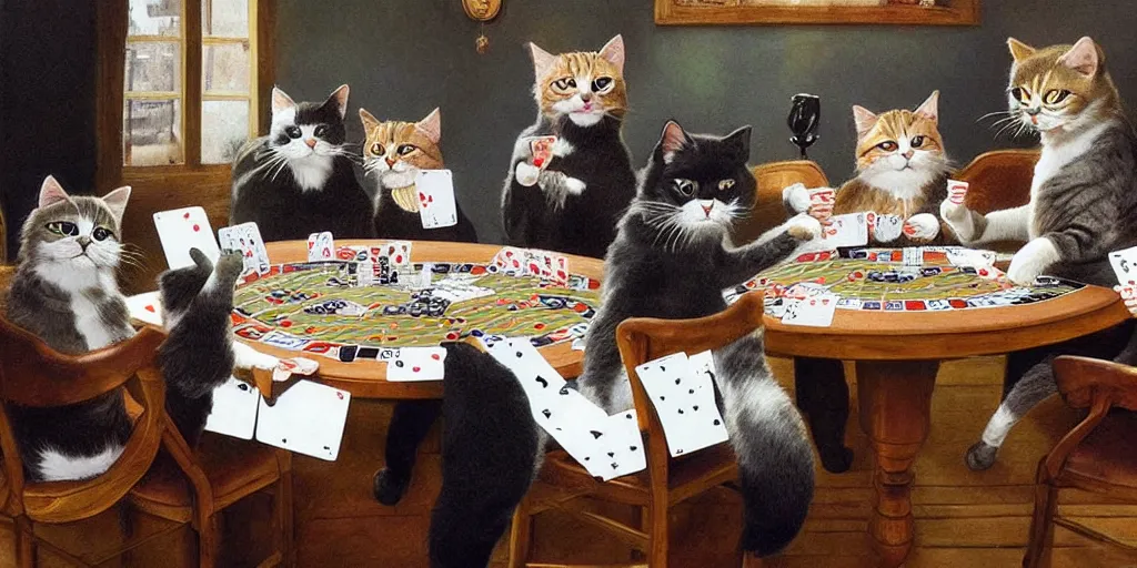 Prompt: cats playing poker, hyper realistic