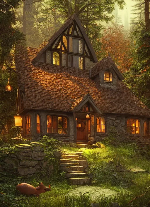 Image similar to hyper realistic homely witch cottage with random architectural styles, in the woods gorgeous lighting, highly detailed, lush forest painting by norman rockwell, james gurney zdzisław beksinski and norman rockwell and greg rutkowskiweta octane render