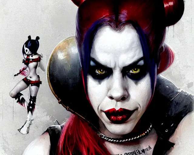 Image similar to highly detailed portrait of fairuza balk carter as harley quinn, in batman : arkham knight, stephen bliss, unreal engine, fantasy art by greg rutkowski, loish, rhads, ferdinand knab, makoto shinkai and lois van baarle, ilya kuvshinov, rossdraws, tom bagshaw, global illumination, radiant light, detailed and intricate environment