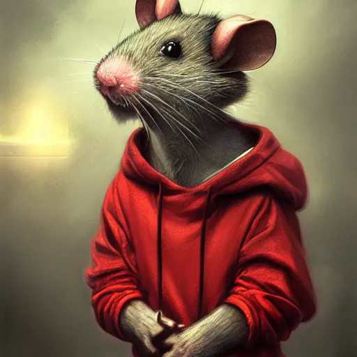 Prompt: 5 5 mm portrait photo of an anthropomorphic mouse wearing a red hoodie and glasses, art by luis royo. charlie bowater, yuumei, yanjun cheng, rpg portrait, dynamic lighting, fantasy art, highly detailed 8 k. intricate. soft light. lifelike. unreal engine, cinematic post - processing