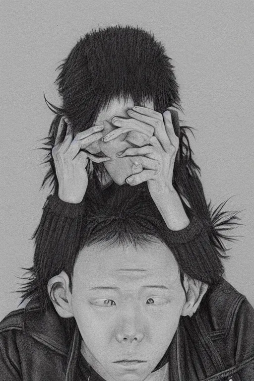 Prompt: amazing lifelike award winning pencil illustration of sad people, shibuya, punk skater