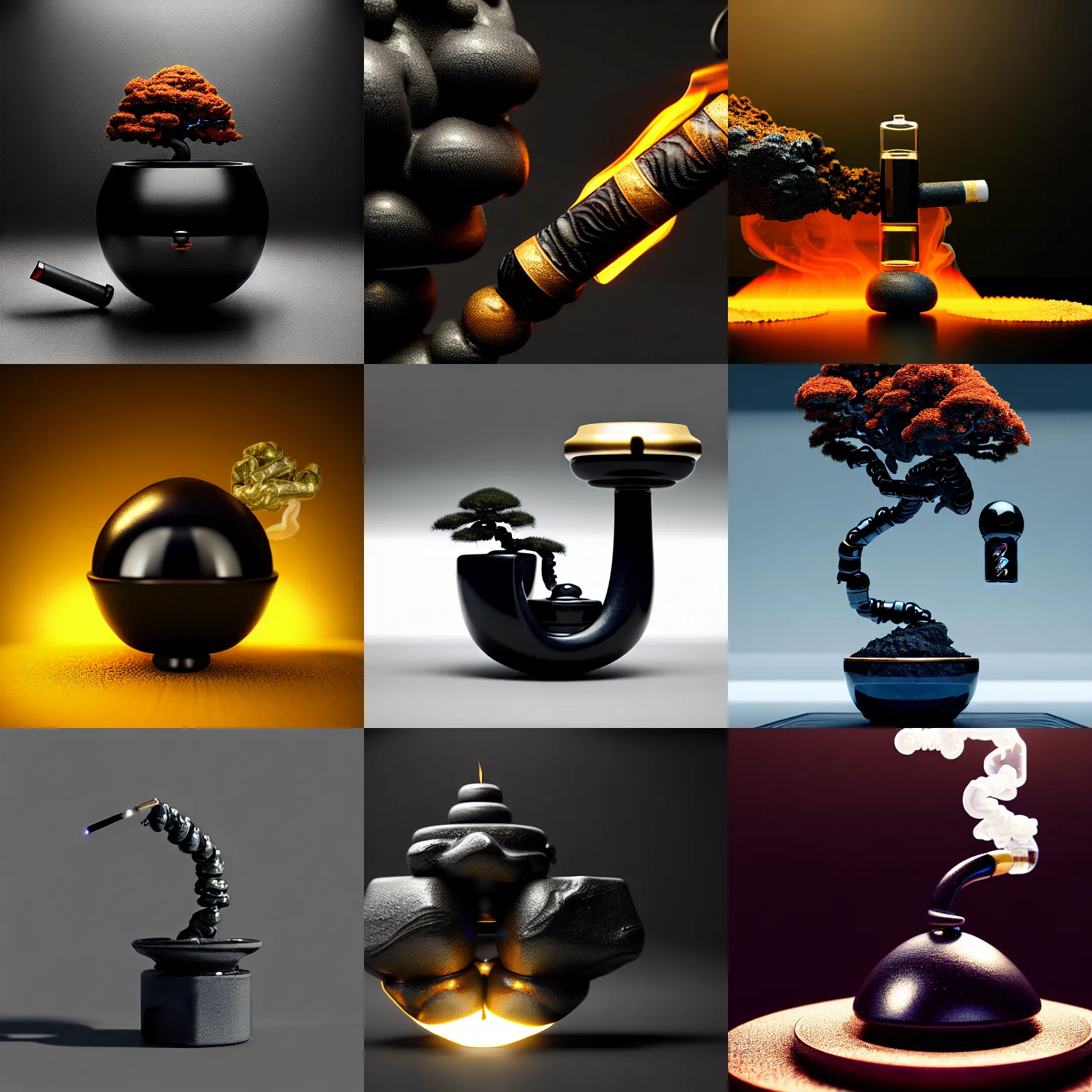 Prompt: smoking obsidian ( japanese bonsai temple ) biotech cyborg bong | polished rich elegant smooth iconic, weta disney movie still photo, hi - fructose, sci fi fantasy, golden ratio, octane render, sharp focus, artstation, concept art | dyson, feng zhu, rutkowski, beeple