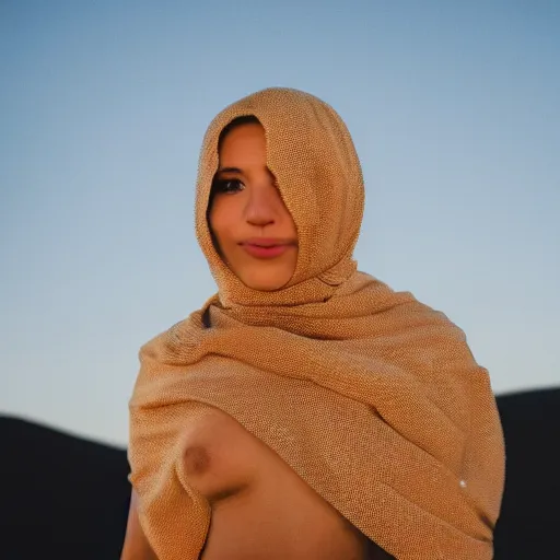 Image similar to female balaclava photography portrait, desert wind, golden particles flying in the air, bokeh, golden hour