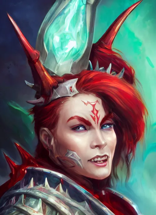 Prompt: masterful mtg concept art portrait, female demon warrior of deep blue skin, straight aquamarine translucent crystal horns, shiny dark blood red hair, shifty lime green eyes and a playful smile wearing teal lined crimson plate armor and a white cape with red lining, highly detailed masterpiece, dnd, dungeons and dragons, magic, artstation trending, 8 k