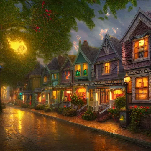 Prompt: photorealistic victorian village in the style of thomas kinkade. hyperdetailed photorealism, 1 0 8 megapixels, amazing depth, glowing rich colors, powerful imagery, psychedelic overtones, 3 d finalrender, 3 d shading, cinematic lighting, artstation concept art