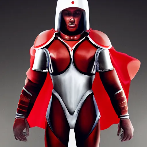 Image similar to portrait of a tall athletic muscular infantry man in glossy sleek white armor with tiny red details and a long red cape, heroic posture, on the surface of mars, night time, dramatic lighting, cinematic, sci-fi, hyperrealistic, godrays, diffused lighting, movie still