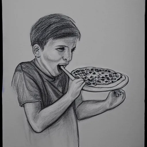 Prompt: drawing of a man eating pizza by huskmitnavn, black and white