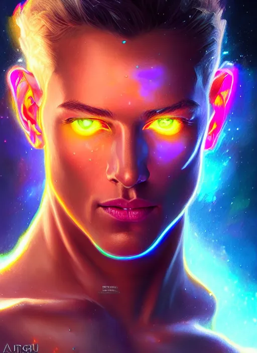 Image similar to a faceless masculine humanoid liquefied stardust adventurer, dnd fantasy character, full body portrait, glowing neon skin, magical aura, ultra realistic, intricate, elegant, highly detailed, digital painting, artstation, smooth, sharp, focus, illustration, art by artgerm and greg rutkowski and alphonse mucha