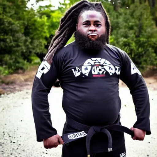Image similar to photo of chubby black bjj athlete with long dreads posing, serious face