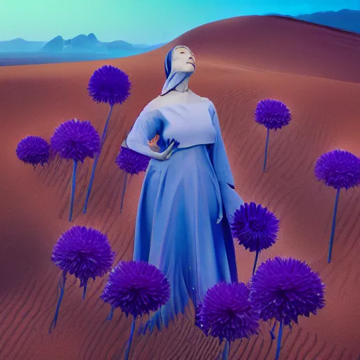 Image similar to portrait, giant purple dahlia flower head, woman between dunes, surreal photography, sunrise, blue sky, dramatic light, impressionist painting, digital painting, artstation, simon stalenhag