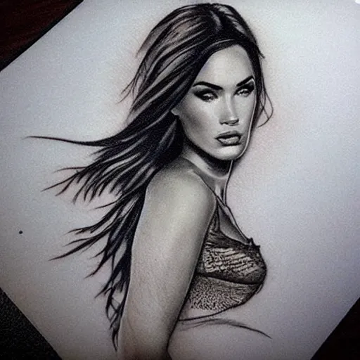 Image similar to tattoo design sketch of megan fox mash up effect with beautiful mountain scenery, in the style of matteo pasqualin, amazing detail