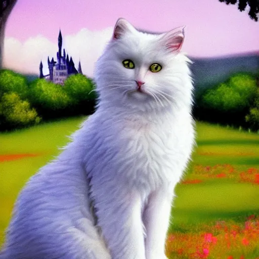 Image similar to portrait of a beautiful fluffy white princess cat in the style of mark brooks with a castle in the background