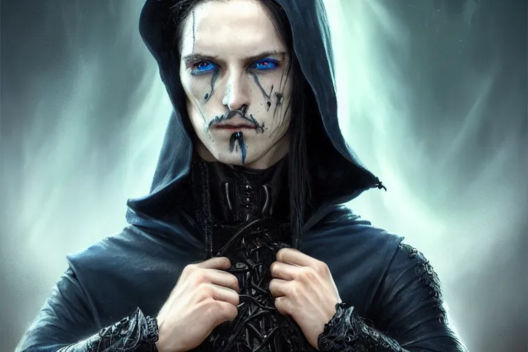 Prompt: ultrarealistic male mage black blight infected face portrait fighting, long black hair blue eyes wearing leather mantle gothic navy cloak with leather details, bone cave, octane render, extreme intricate details, elegant, cinematic lighting, highly detailed, artstation, dnd fantasy character art, cgsociety, sharp focus, beautiful digital painting by artgerm, gerald brom, wlop