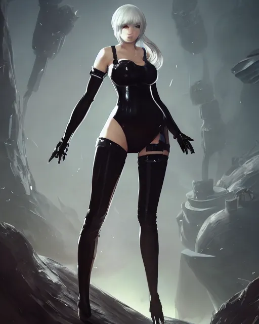 Image similar to full shot league of legends portrait of 2 b nier automata wearing a latex suit, au naturel, hyper detailed, digital art, trending in artstation, cinematic lighting, studio quality, smooth render, unreal engine 5 rendered, octane rendered, art style by klimt and nixeu and ian sprigger and wlop and krenz cushart.