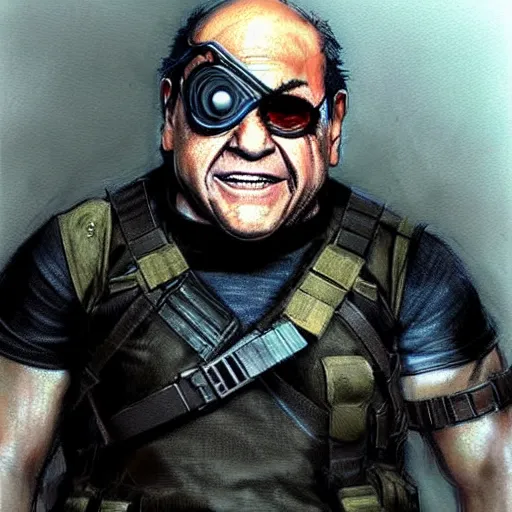 Image similar to beautiful videogame concept art of danny devito from metal gear solid