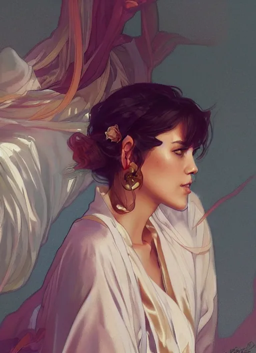 Image similar to julia regza wearing a silk robe, digital painting, artstation, concept art, sharp focus, illustration, art by artgerm and greg rutkowski and alphonse mucha