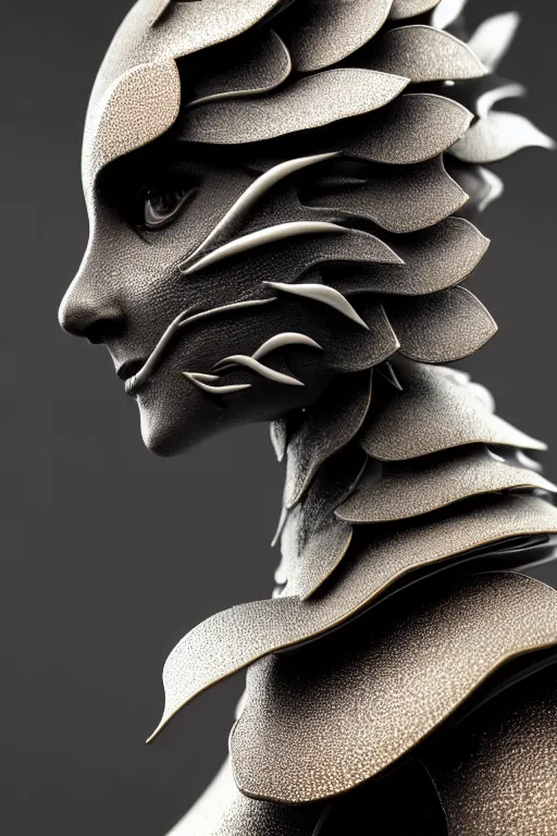 Image similar to monochrome close - up profile face, black background, beautiful young porcelain bio - mechanical vegetal - dragon - cyborg - female, white metallic armour, silver gold details, magnolia leaves and stems, roots, mandelbot fractal, 1 5 0 mm, beautiful natural soft rim light, elegant, hyper real, ultra detailed, octane render, 1 6 k