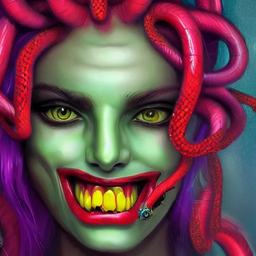 Image similar to medusa portrait painting, vibrtant, colorful, wicked grin, yellow cat eyes, artstation, detailed, blurred background