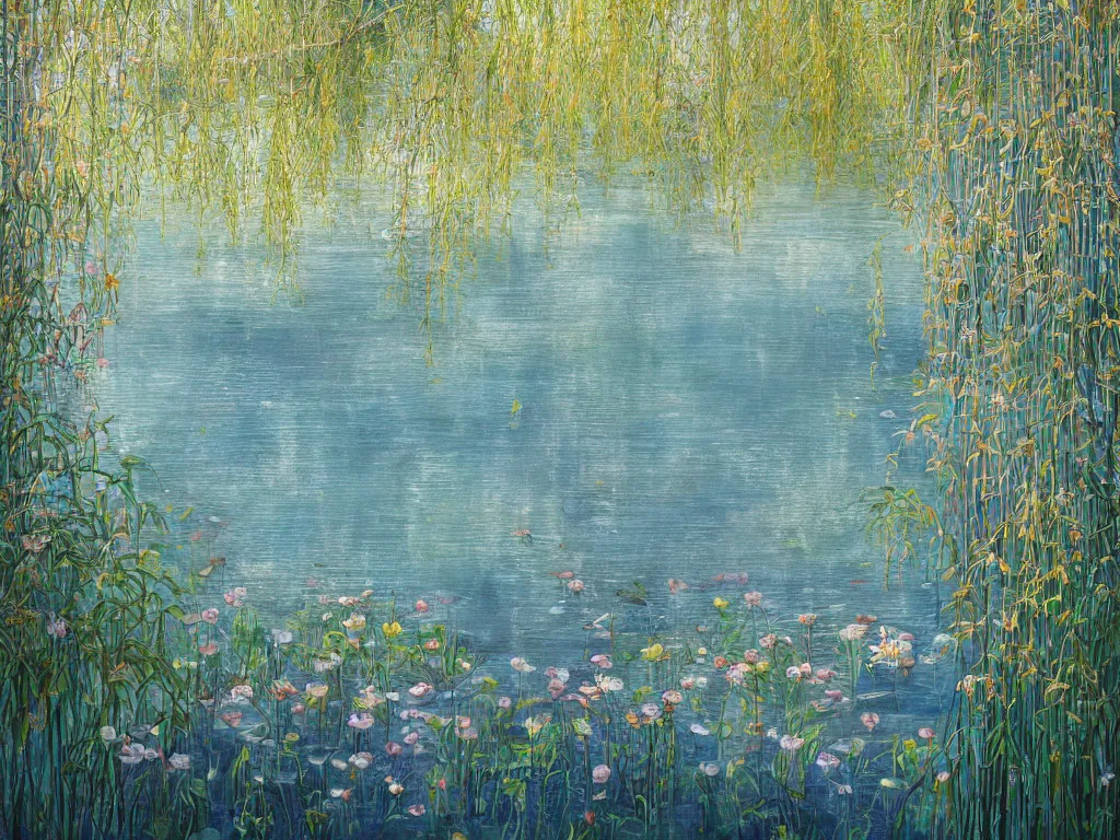 Image similar to a beautiful painting of blue heron in shallow river with waterfalls in distance, lake surrounded by beautiful willow and cherry blosom trees, lily pads, bullrushes, marsh, puffy clouds, morning dawn, intricate, highly detailed digital art, sylized, featured on artstation, by Artgerm and Mikko Lagerstedt