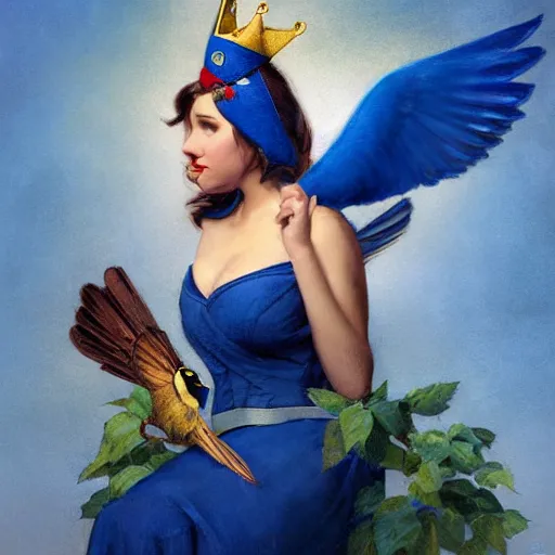 Prompt: a songbird wearing a crown, an indigo bunting, bird, blue canary, wearing a crown and bowtie by greg rutkowski, rossdraws, gil elvgren, enoch bolles, anime, very coherent