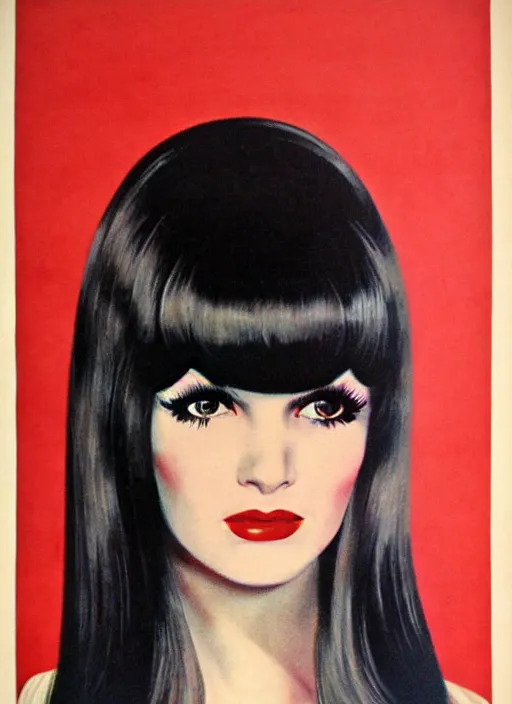 Image similar to portrait 1 9 6 0 s beautiful mod girl, long straight 6 0 s hair with bangs, wearing velvet, vampire, glam, groovy, by brom