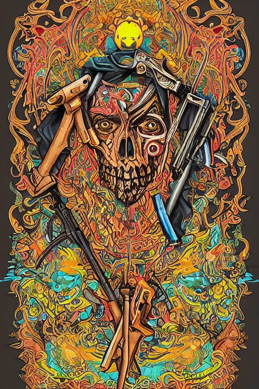 Image similar to taliban anarchy. symmetrical anatomy, very detailed design, complexity of the picture, with pop punk style, colorful, accompanied by body, pure image without duplication, dribble popular, drawn by vinicius gud and gustavo zambelli, intricate, hdd