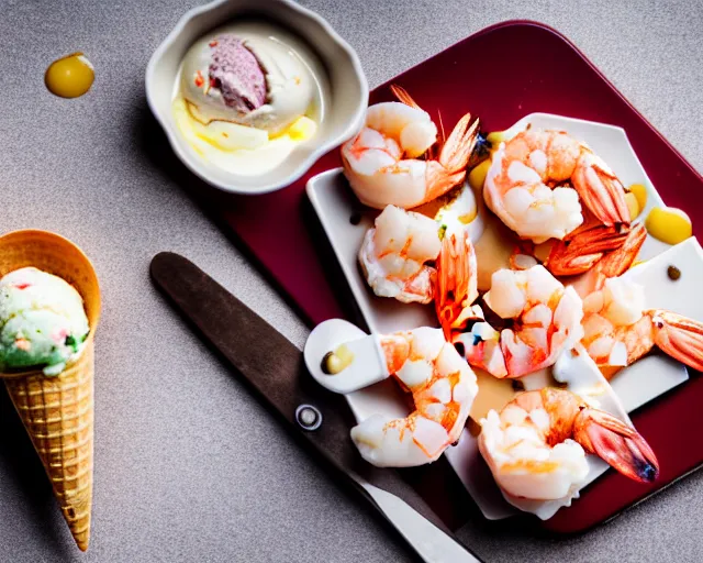 Image similar to dslr food photograph of an ice cream desert with shrimp on. 8 5 mm f 1. 4