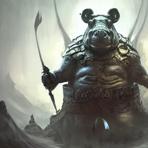 Image similar to Hippo, Anthropomorphized, as warlord general on skull throne, magic the gathering artwork, D&D, fantasy, cinematic lighting, centered, symmetrical, highly detailed, digital painting, artstation, concept art, smooth, sharp focus, illustration, volumetric lighting, epic Composition, 8k, art by Akihiko Yoshida and Greg Rutkowski and Craig Mullins, heroic pose, oil painting, cgsociety, Battlefield background, explosions, arrows