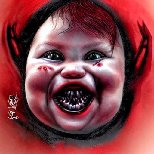 Image similar to frightening demon baby, horror, hyper realistic, red and black theme, horror