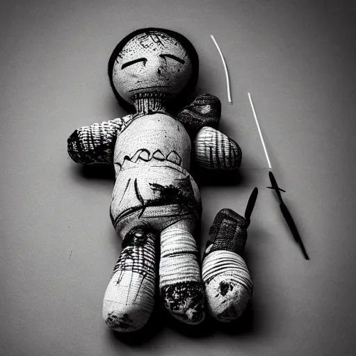 Image similar to a living large voodoo doll with needles, black and white photo, 4k, realistic, real photography, hyperreal