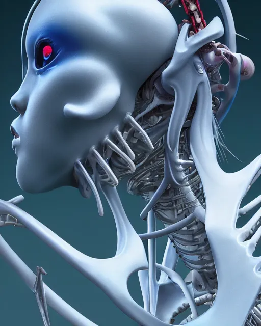 Image similar to rei ayanami by roger dean, by hr giger, biomechanical, profile portrait, hyper detailed, hyperrealism, deviantart, artstation, 4 k, highly detailed, vray rendering, unreal engine