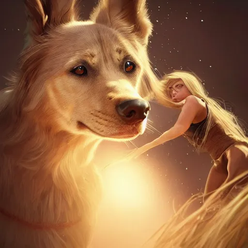 Prompt: epic action shot of beautiful scandinavian woman with symmetrical face stunning eyes and long blonde hair playing with german shephard dog, weta disney pixar, hi - fructose, decadent highly - detailed digital painting, golden ratio, octane render, artstation, cinematic composition, smooth, sharp focus, artgerm, mucha, loish, wlop hdr