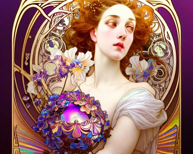 Image similar to overlord, rococo and art nouveau fusion, iridescent diaphanous refractive and reflective flower bouquet, tarot card, highly detailed, deep focus, elegant, digital painting, smooth, sharp focus, illustration, ultra realistic, 8 k, art by artgerm and alphonse mucha