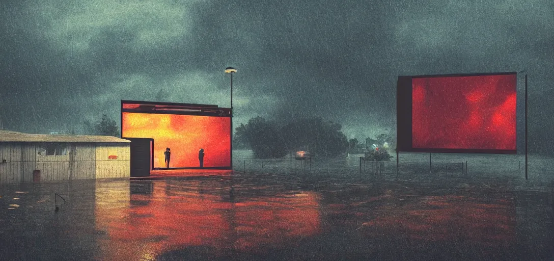 Prompt: Look of small outdoor crowdfunded drive-in cinema, rain, night, noire moody scene, digital art, 8k, moody details
