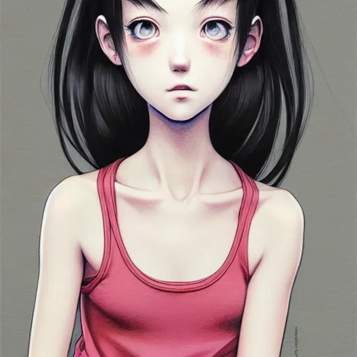 Image similar to richly detailed color  illustration of a dainty pretty young woman wearing a tank top, 'Southern Death Cult' is the theme, very soft shadowing, smooth textures, large scale image. art by Range Murata.