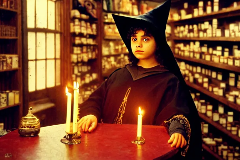 Image similar to 2 0 0 0's photo, close up portrait, dramatic lighting, concentration, calm confident hispanic teen witch and her cat, on candle and tarot cards displayed on the table in front of her, a witch hat and cape, apothecary shelves in the background, still from harry potter, alphonse mucha