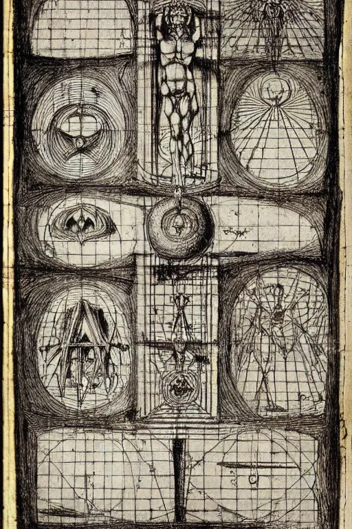 Image similar to design sheet of tools needed to summon a demon in an occult ritual by leonardo da vinci, blueprint page